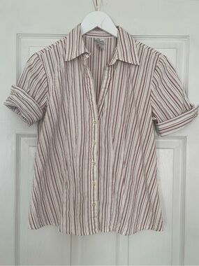 Vintage Y2K Women's Cream preppy Striped Button-Front Shirt small cotton